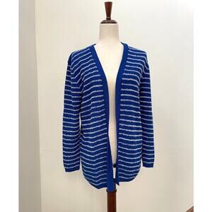 80s Vintage San Remo Striped Cardigan Sweater Womens M Blue White Knit Retro